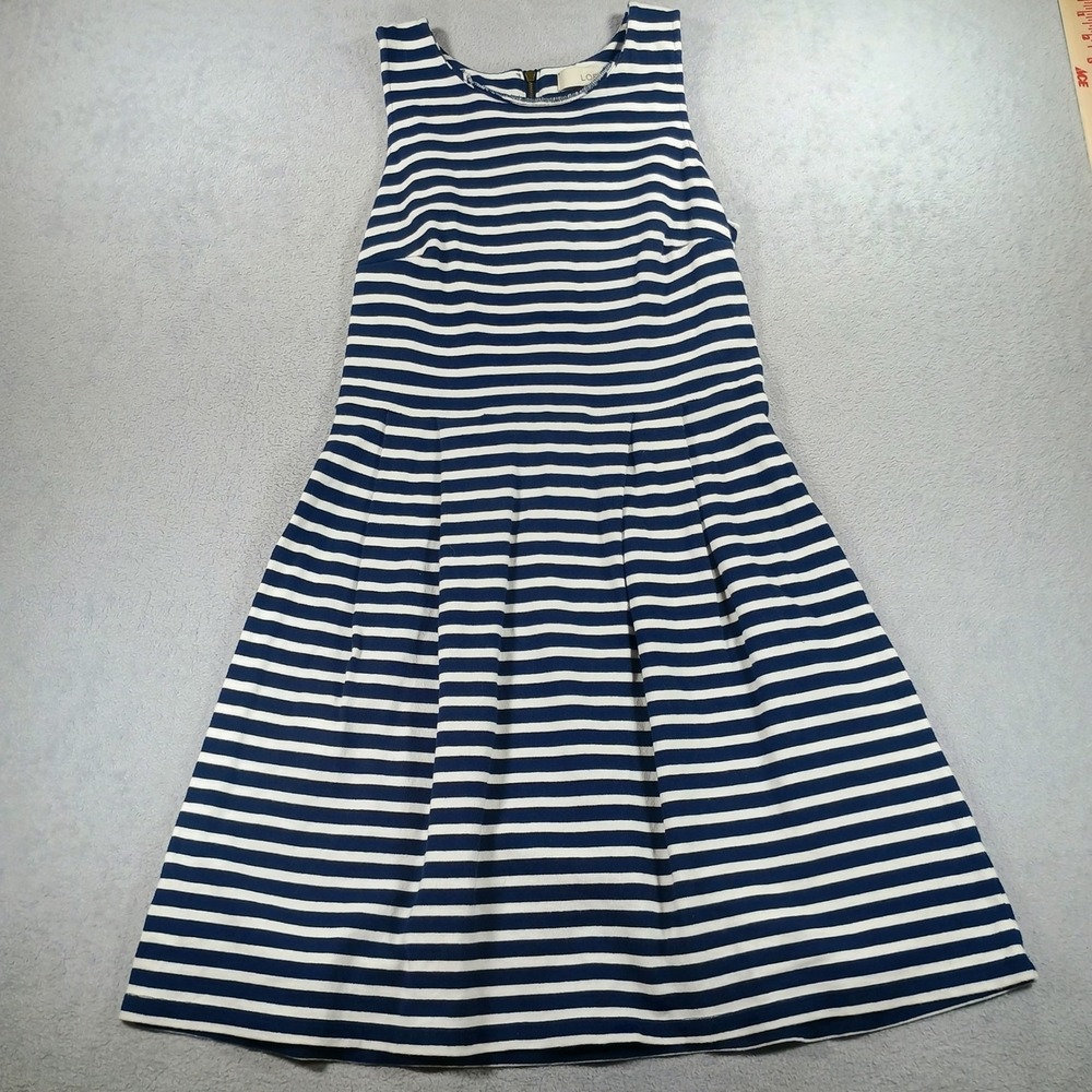 LOFT Women Fit‎ and Flare Dress Navy White 4 Striped Sleeveless Pleated